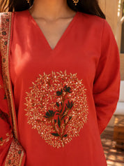 Red Embroidered 3 Pc Kurta Set with Printed Palazzo and Dupatta