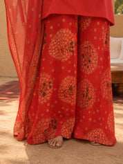 Red Embroidered 3 Pc Kurta Set with Printed Palazzo and Dupatta