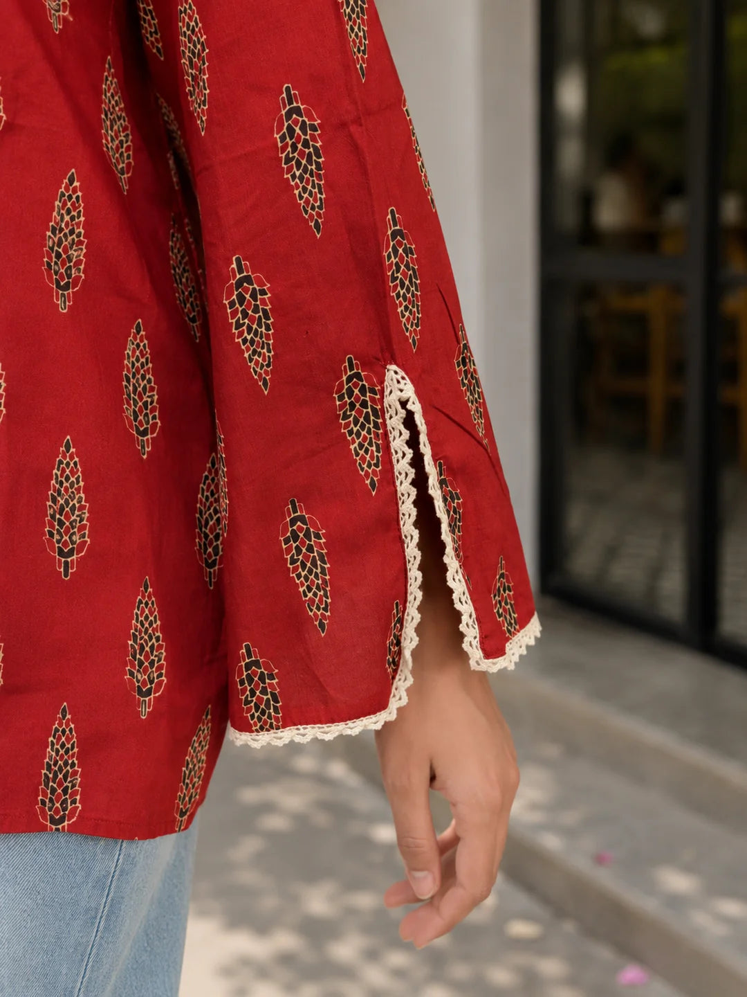 Brick Red Tree Buti Printed Cotton Short Kurti