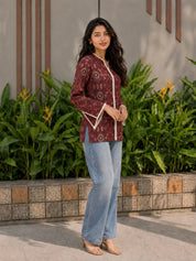 Plum Ikat Printed Cotton Short Kurti