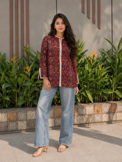 Plum Ikat Printed Cotton Short Kurti