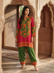 Red & Green Floral Printed Co-ord Set in Muslin