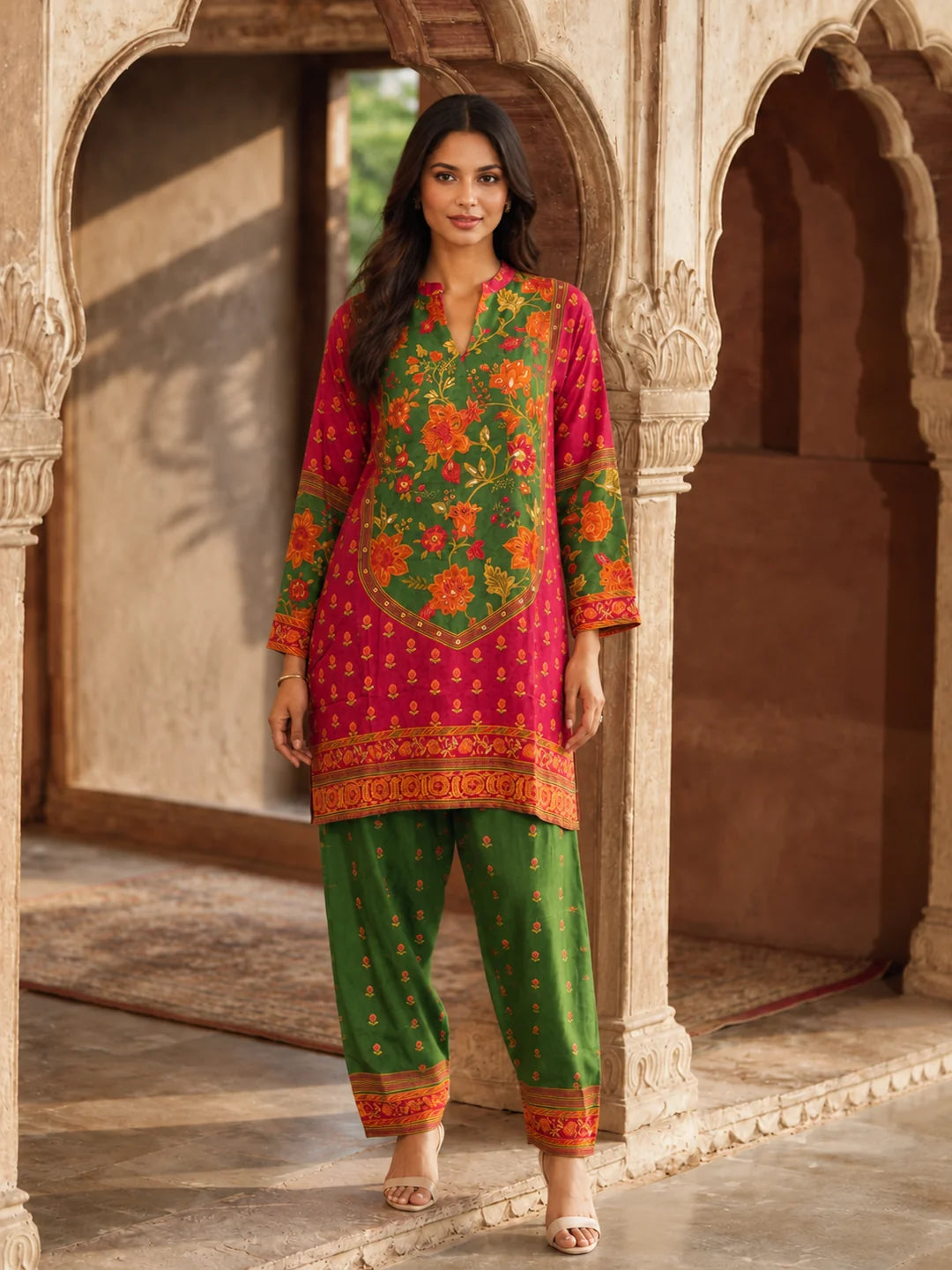 Red & Green Floral Printed Co-ord Set in Muslin