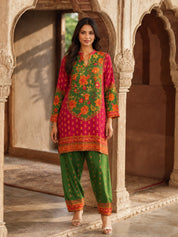 Red & Green Floral Printed Co-ord Set in Muslin
