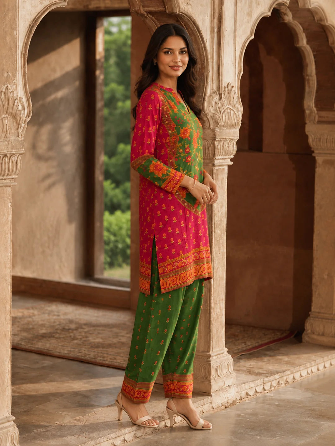 Red & Green Floral Printed Co-ord Set in Muslin