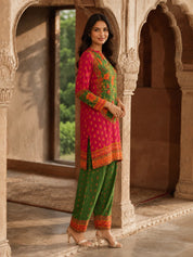 Red & Green Floral Printed Co-ord Set in Muslin