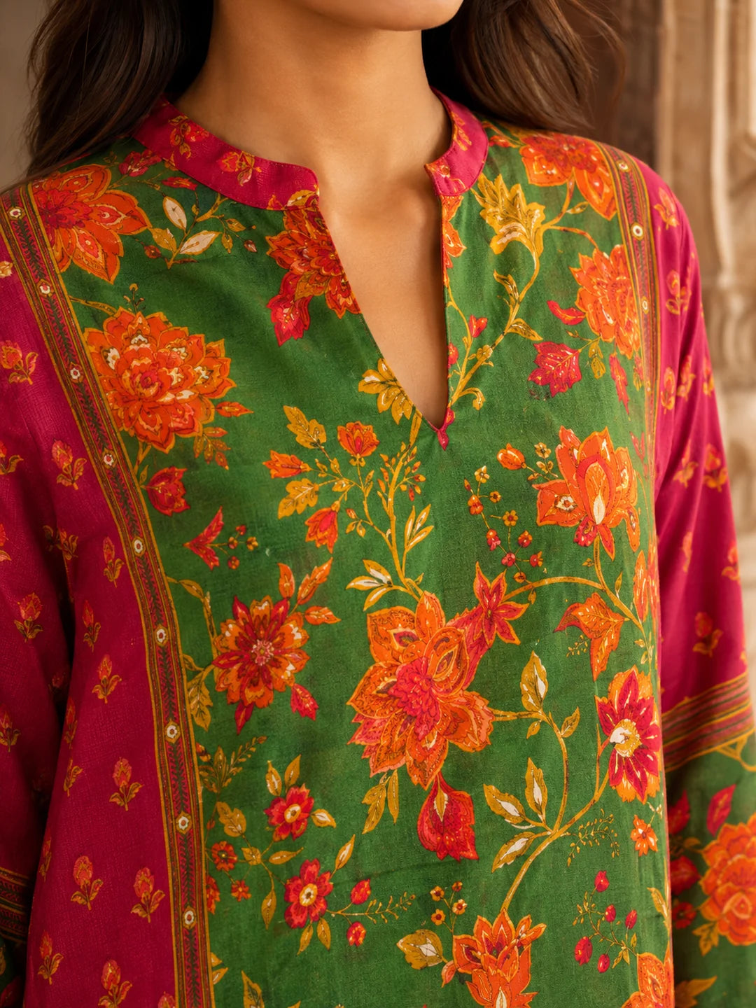 Red & Green Floral Printed Co-ord Set in Muslin