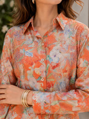 Orange Printed Viscose Shirt with Rhinestone Floral Collar