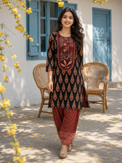 Black and Red Floral Yoke Printed Kurta Set in Cotton