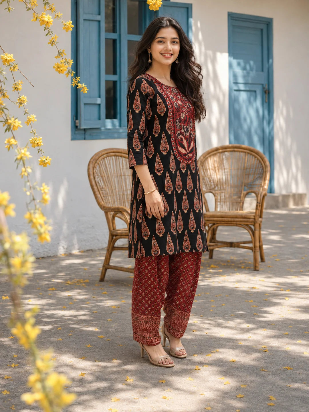 Black and Red Floral Yoke Printed Kurta Set in Cotton