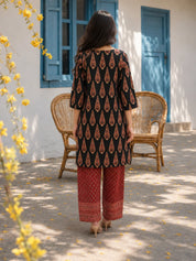 Black and Red Floral Yoke Printed Kurta Set in Cotton