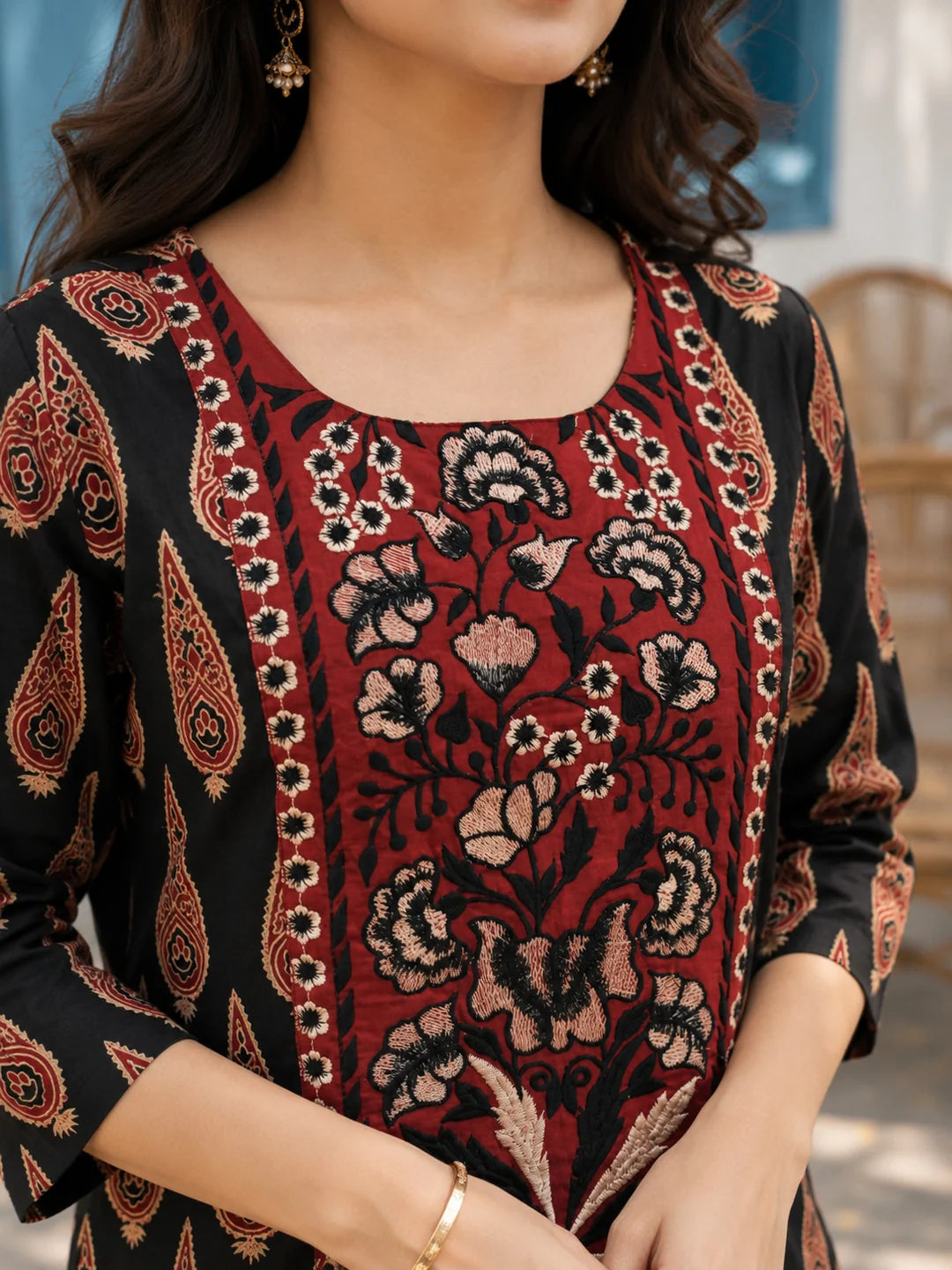 Black and Red Floral Yoke Printed Kurta Set in Cotton
