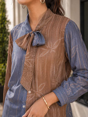 Blue & Brown Floral Print Bow-Tie Viscose Top