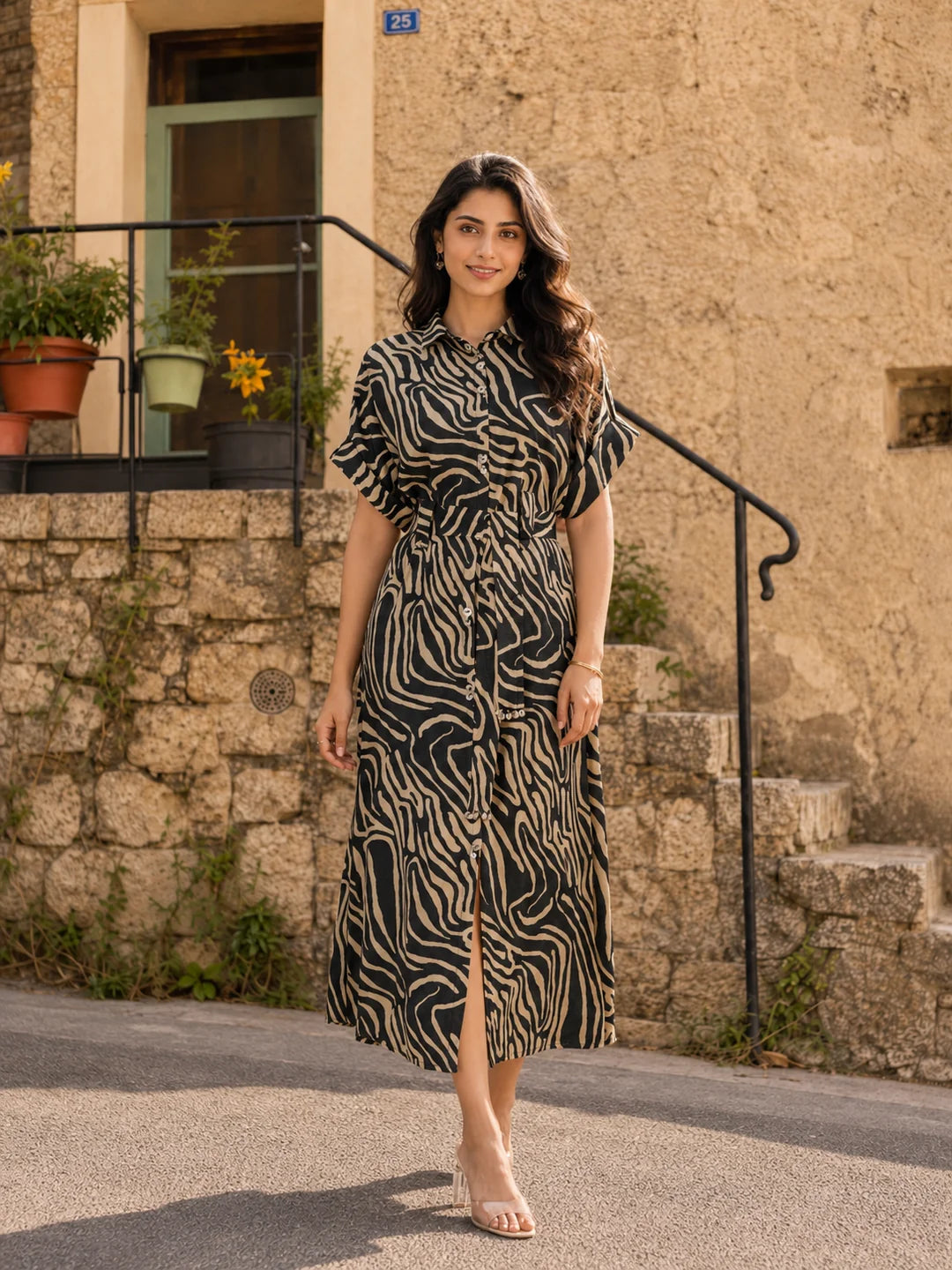 Forest Green & Beige Abstract Stripe Russian Silk Midi Dress
