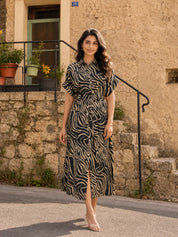 Forest Green & Beige Abstract Stripe Russian Silk Midi Dress