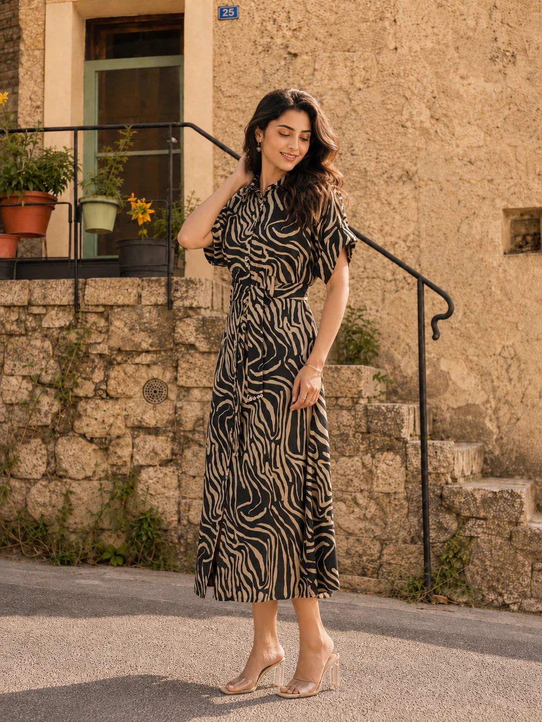 Forest Green & Beige Abstract Stripe Russian Silk Midi Dress