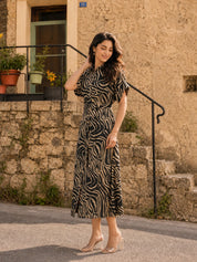 Forest Green & Beige Abstract Stripe Russian Silk Midi Dress