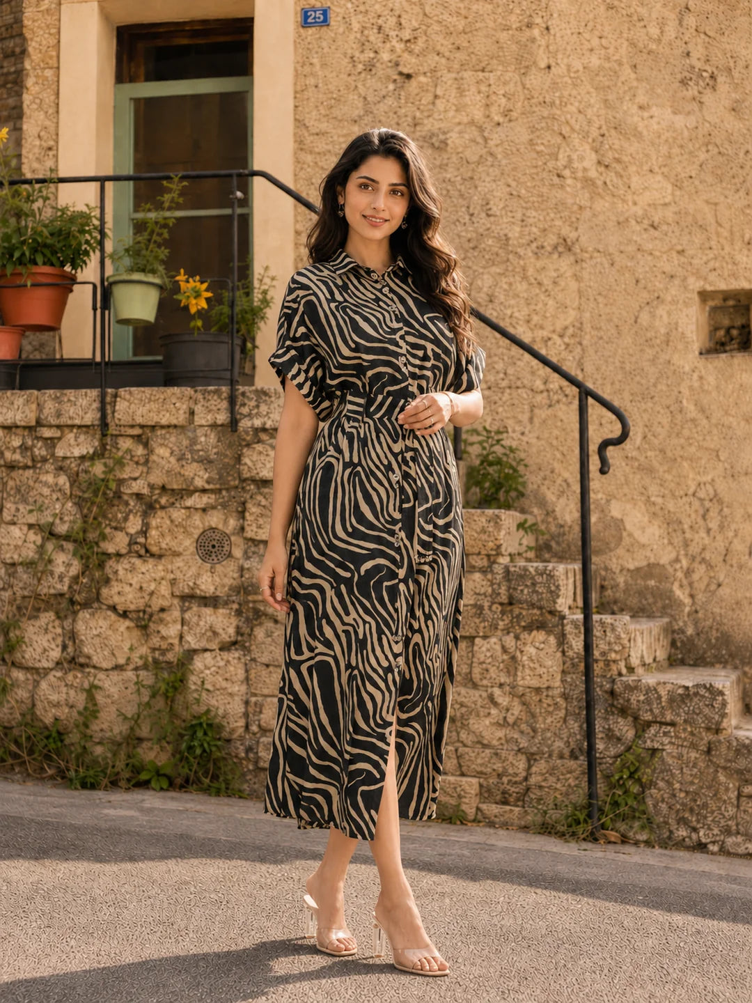 Forest Green & Beige Abstract Stripe Russian Silk Midi Dress