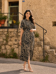 Forest Green & Beige Abstract Stripe Russian Silk Midi Dress