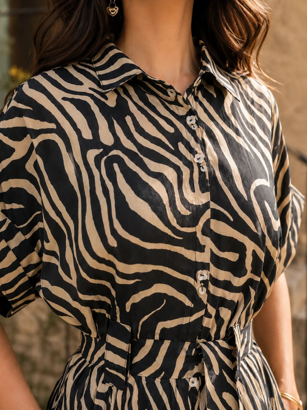 Forest Green & Beige Abstract Stripe Russian Silk Midi Dress