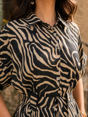 Forest Green & Beige Abstract Stripe Russian Silk Midi Dress