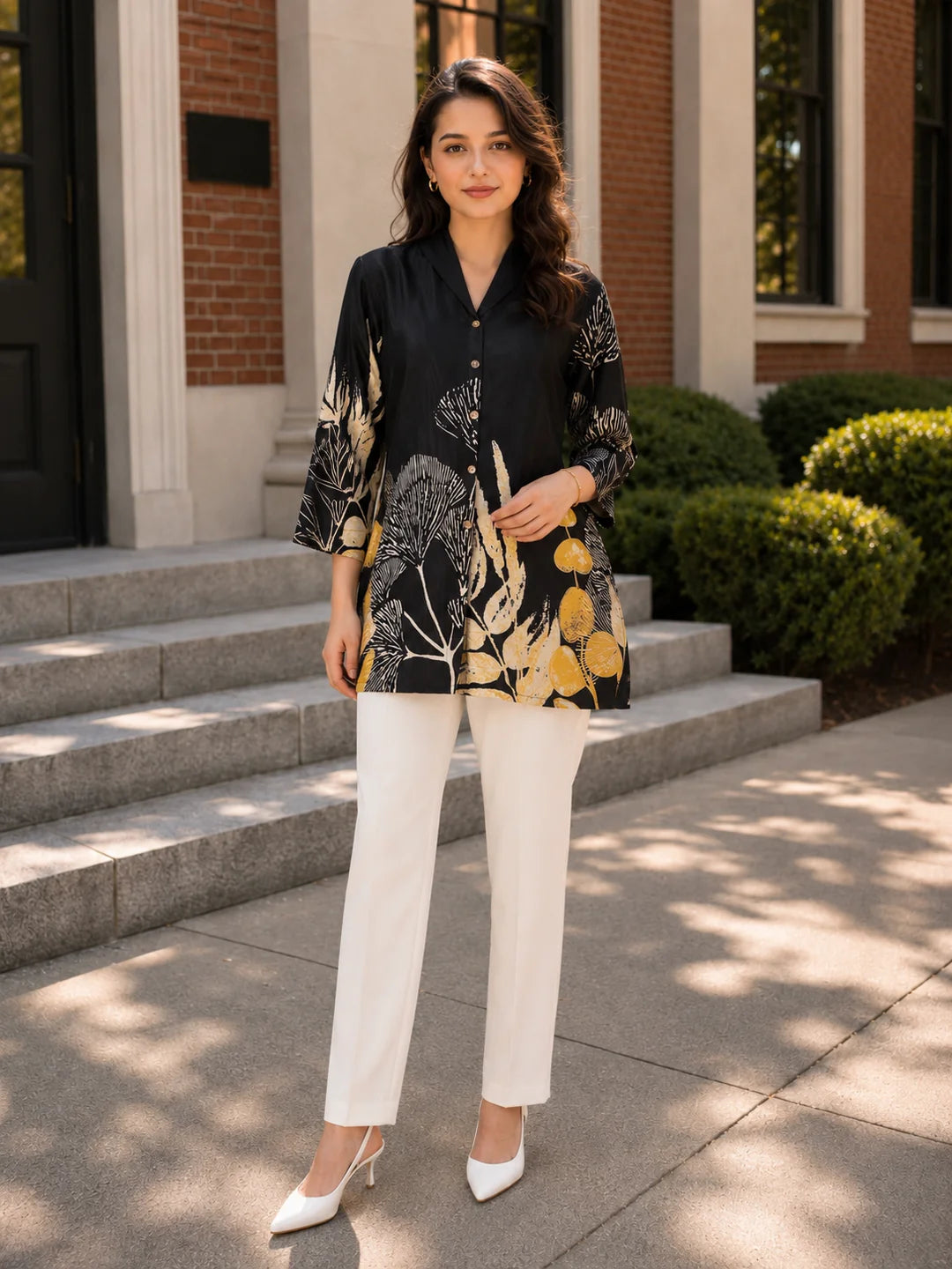 Off White & Black Bold Floral Print Russian Silk Top with Golden Buttons