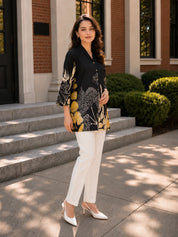 Off White & Black Bold Floral Print Russian Silk Top with Golden Buttons