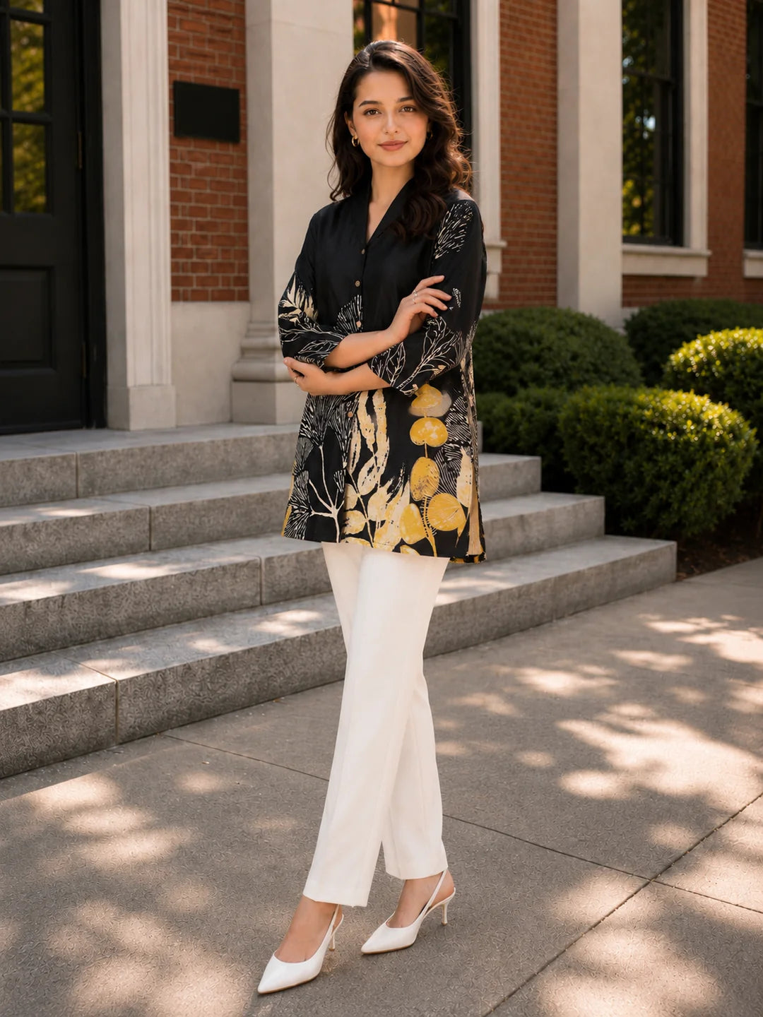 Off White & Black Bold Floral Print Russian Silk Top with Golden Buttons
