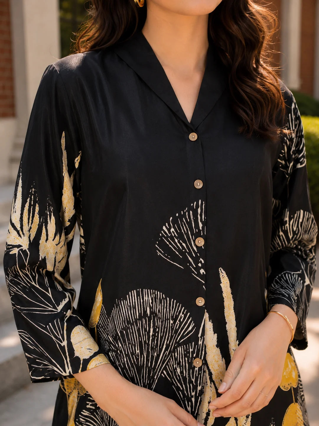 Off White & Black Bold Floral Print Russian Silk Top with Golden Buttons