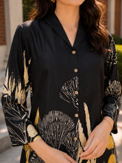 Off White & Black Bold Floral Print Russian Silk Top with Golden Buttons