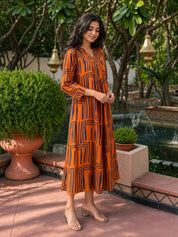 Orange & Blue Abstract Stripe Russian Silk Maxi Dress