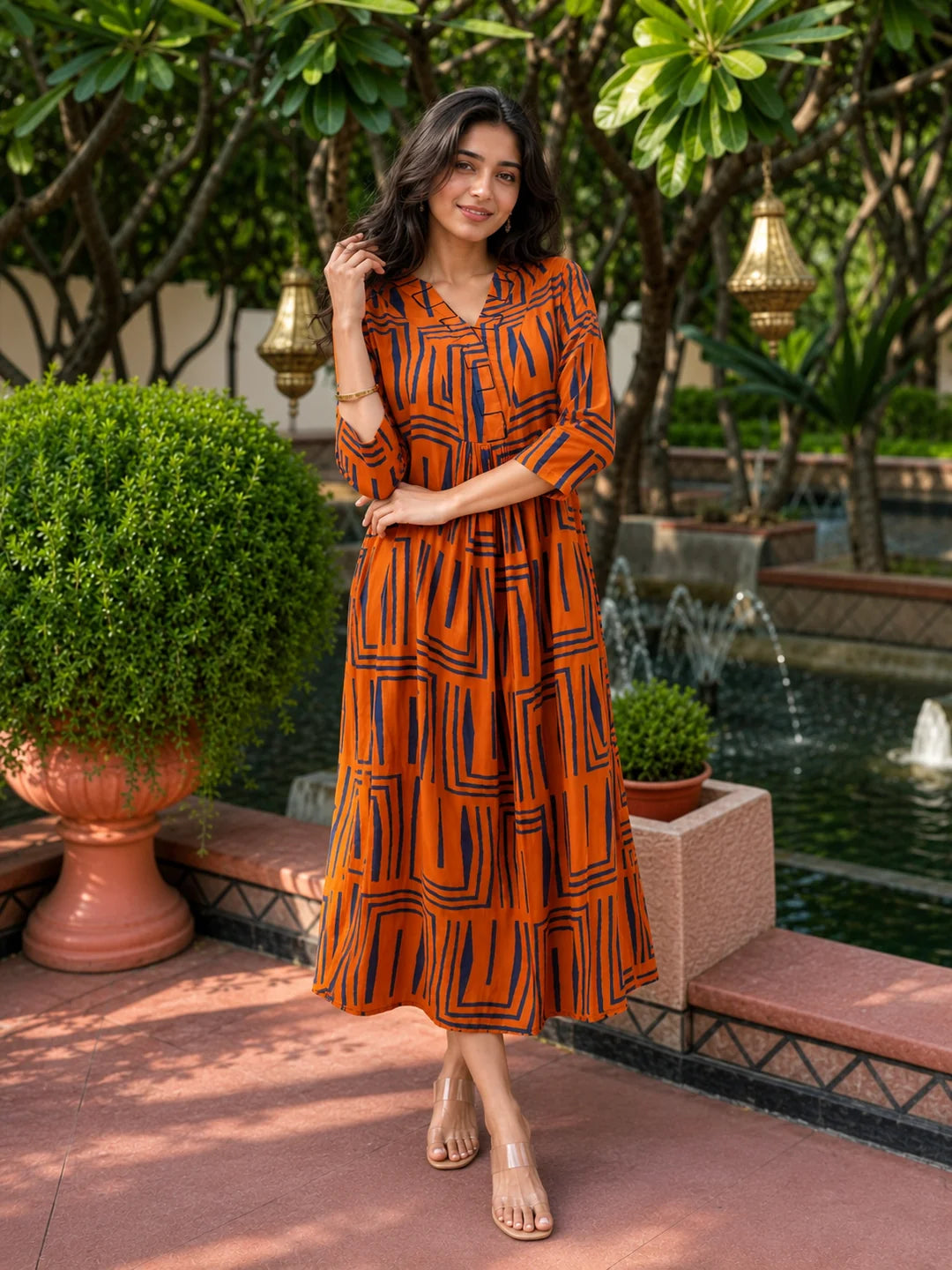Orange & Blue Abstract Stripe Russian Silk Maxi Dress – Kaftanize