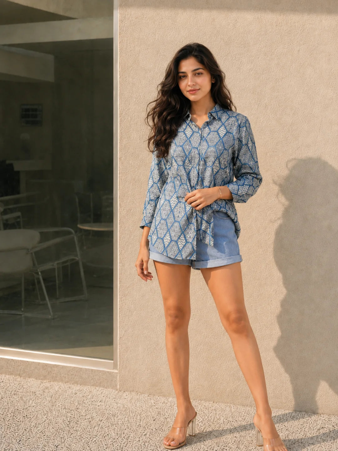 Geometric Print Rhinestone Detail Cotton Shirt