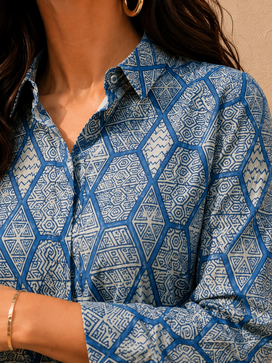 Geometric Print Rhinestone Detail Cotton Shirt