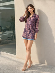 Purple Printed Viscose Shirt with Rhinestone Leaf Collar