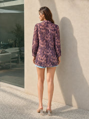 Purple Printed Viscose Shirt with Rhinestone Leaf Collar