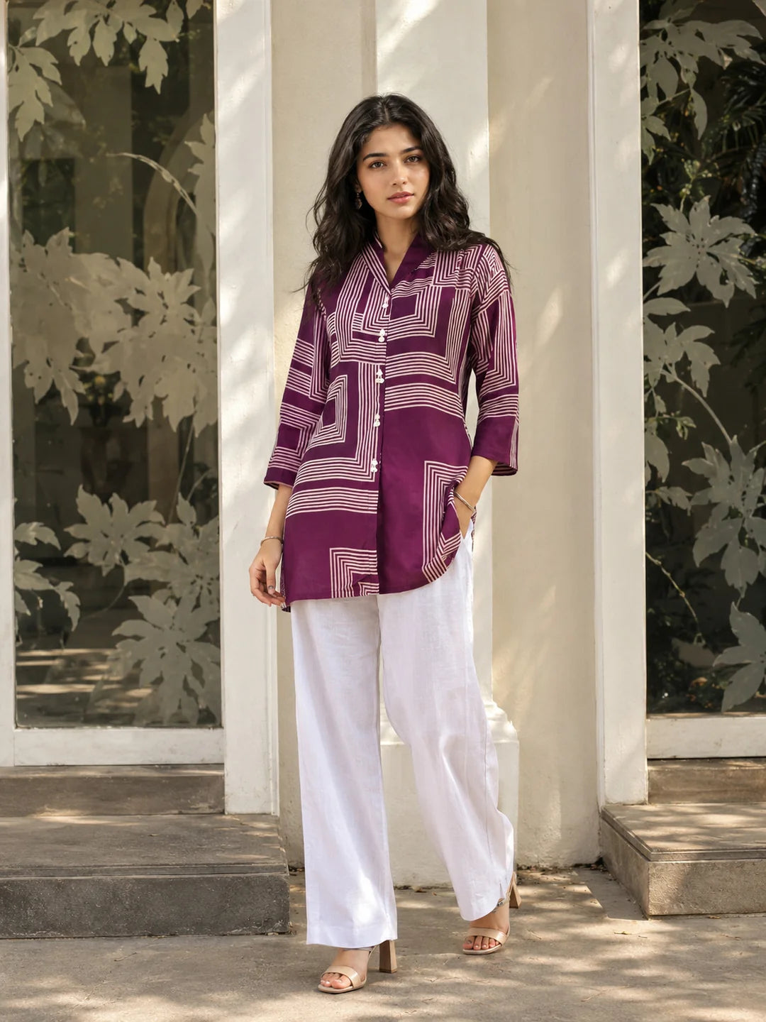 Dark Purple Abstract Stripe Printed Top in Russian Silk
