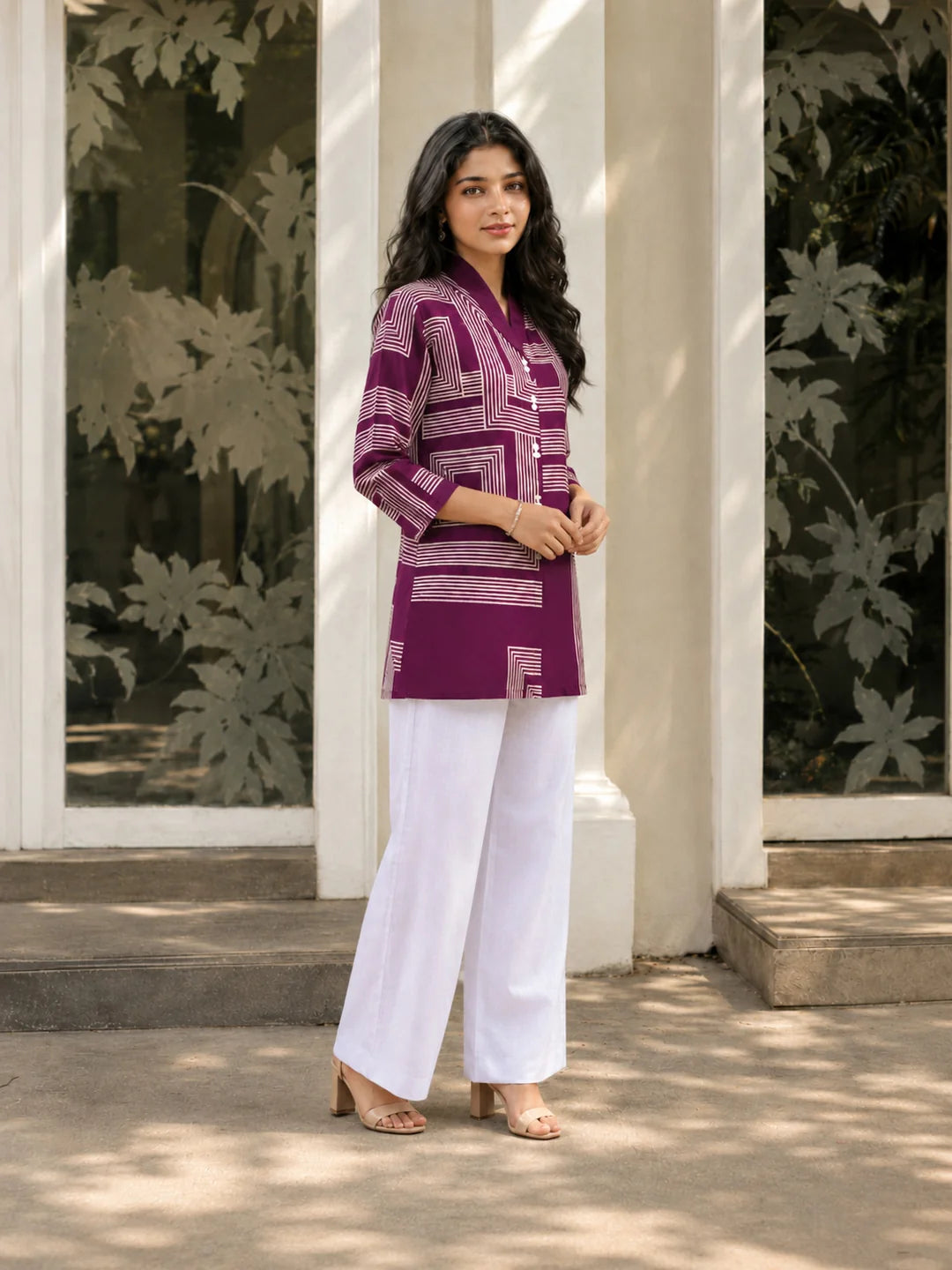 Dark Purple Abstract Stripe Printed Top in Russian Silk