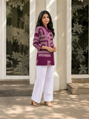 Dark Purple Abstract Stripe Printed Top in Russian Silk