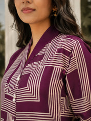 Dark Purple Abstract Stripe Printed Top in Russian Silk
