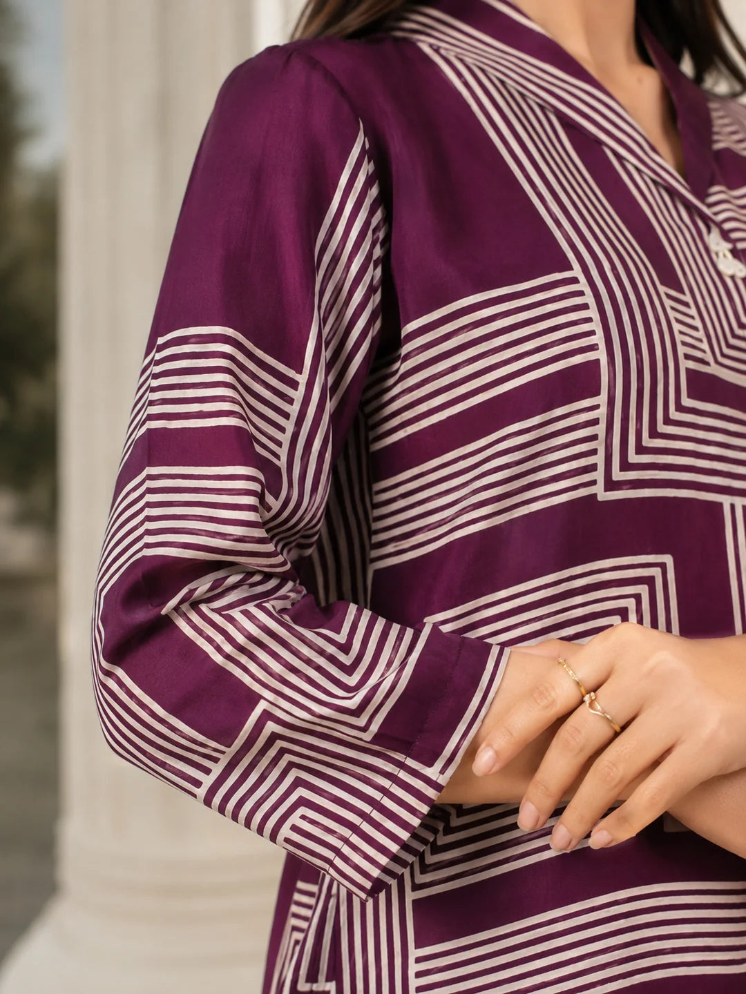 Dark Purple Abstract Stripe Printed Top in Russian Silk
