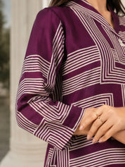 Dark Purple Abstract Stripe Printed Top in Russian Silk