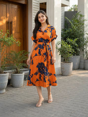 Orange & Navy Blue Abstract Floral Midi Dress in Russian Silk