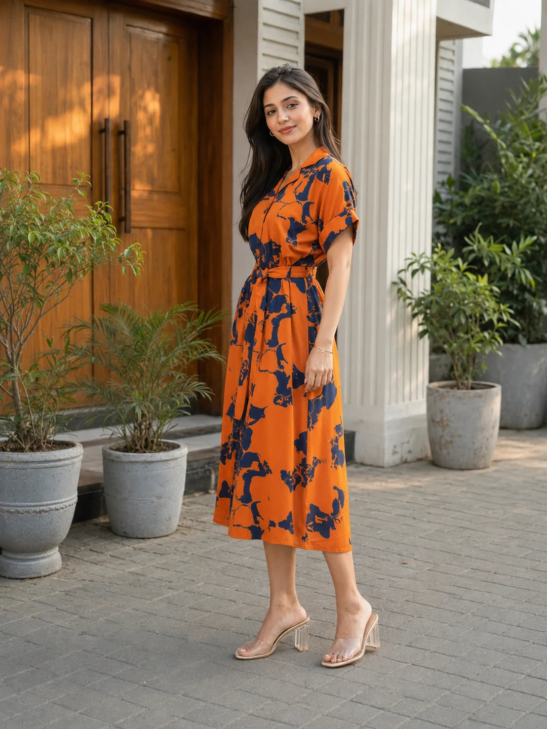 Orange & Navy Blue Abstract Floral Midi Dress in Russian Silk