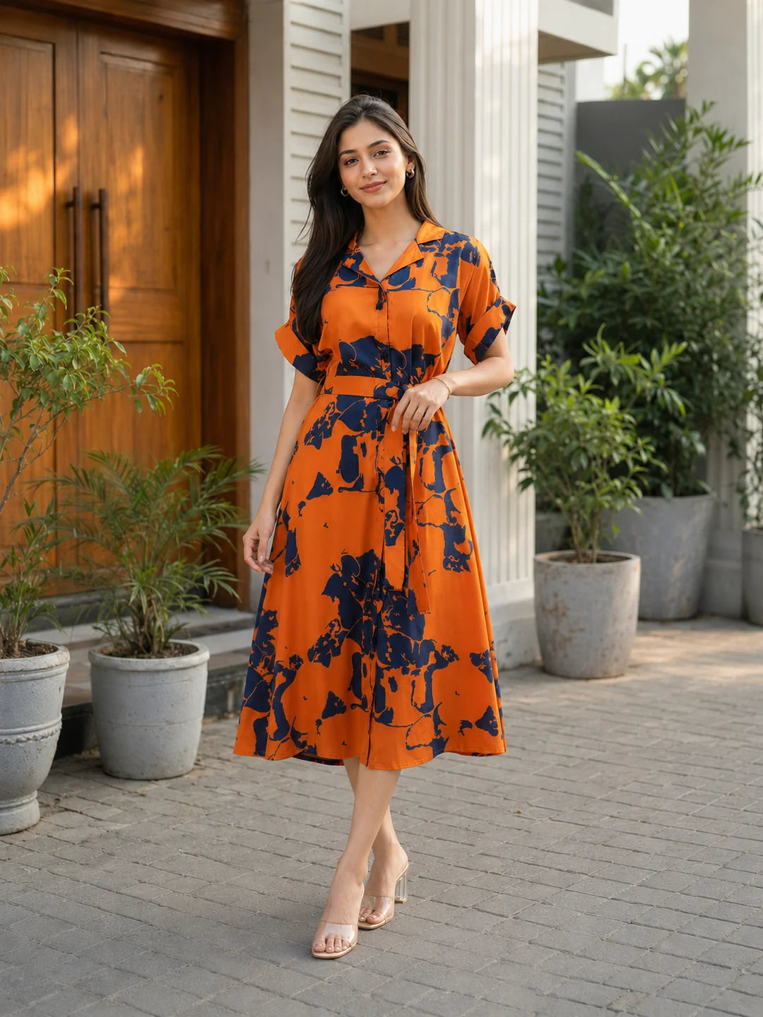 Orange & Navy Blue Abstract Floral Midi Dress in Russian Silk
