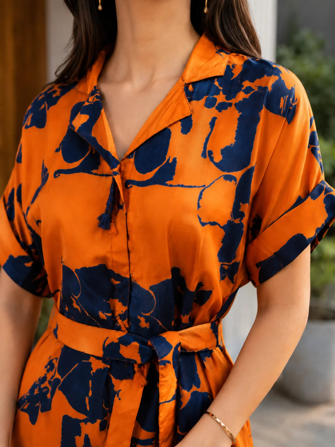 Orange & Navy Blue Abstract Floral Midi Dress in Russian Silk