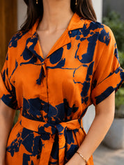 Orange & Navy Blue Abstract Floral Midi Dress in Russian Silk