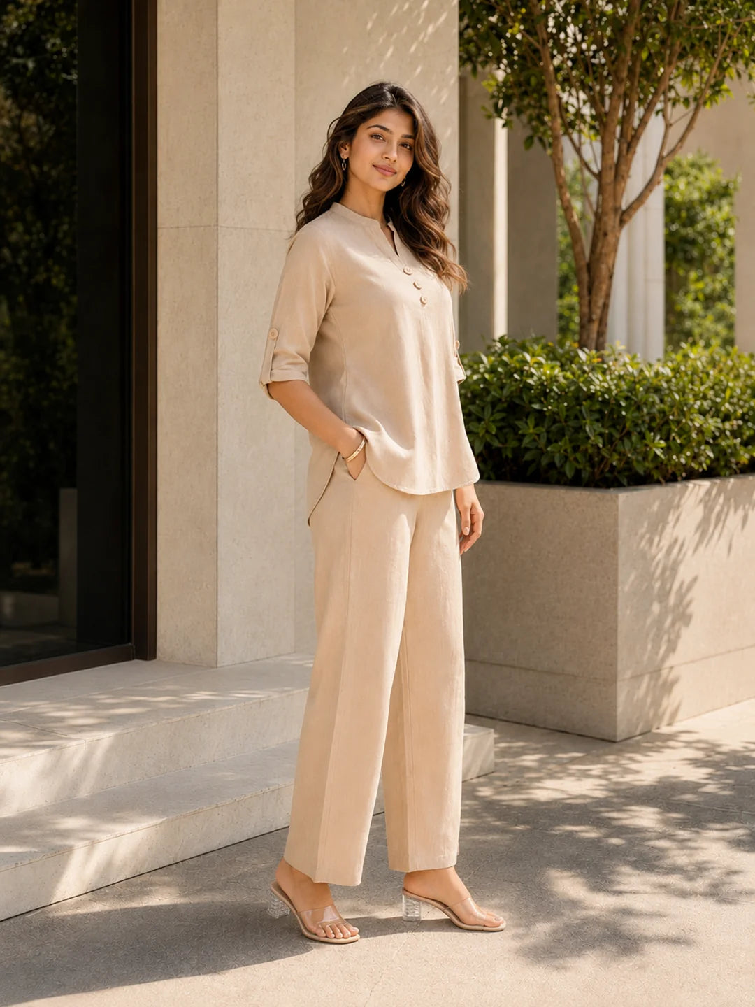 Beige Cotton Flex Co-Ord Set with Mandarin Collar & Stitched Button Details