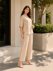 Beige Cotton Flex Co-Ord Set with Mandarin Collar & Stitched Button Details