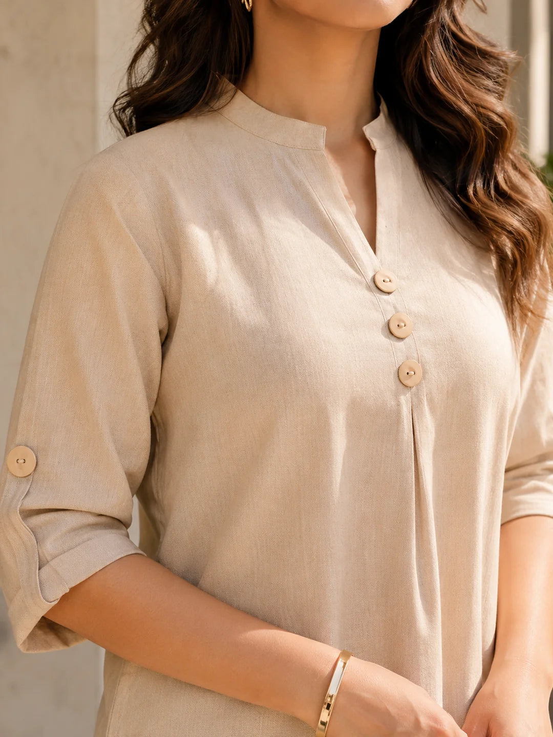 Beige Cotton Flex Co-Ord Set with Mandarin Collar & Stitched Button Details